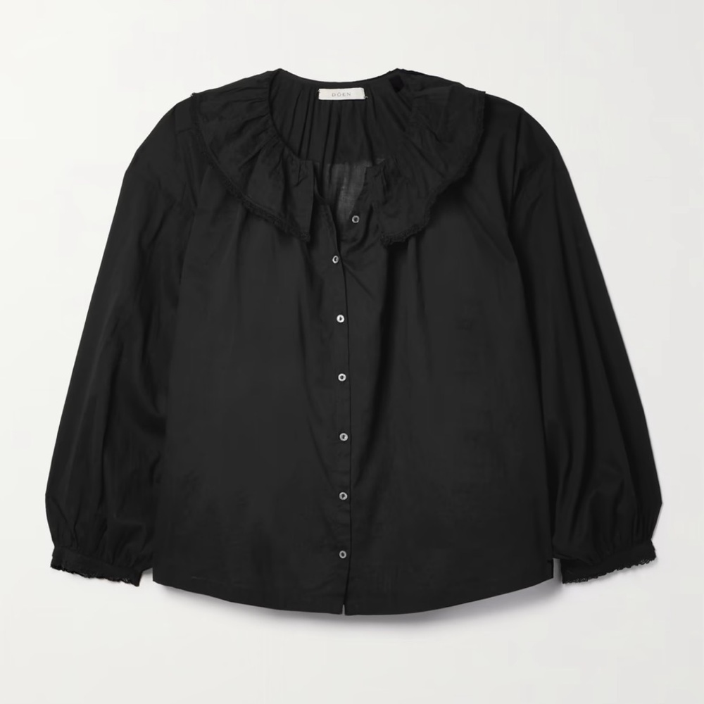 Doen Black Puff Sleeve Blouse with Bib Collar